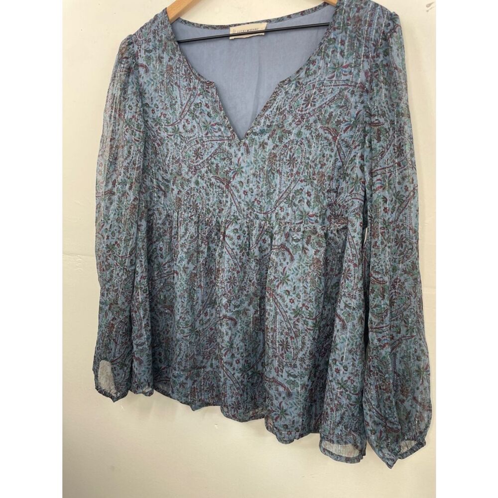 Lucky Brand Teal Blue Paisley V-Neck Long Sleeve Blouse peasant boho size Large - Picture 5 of 16